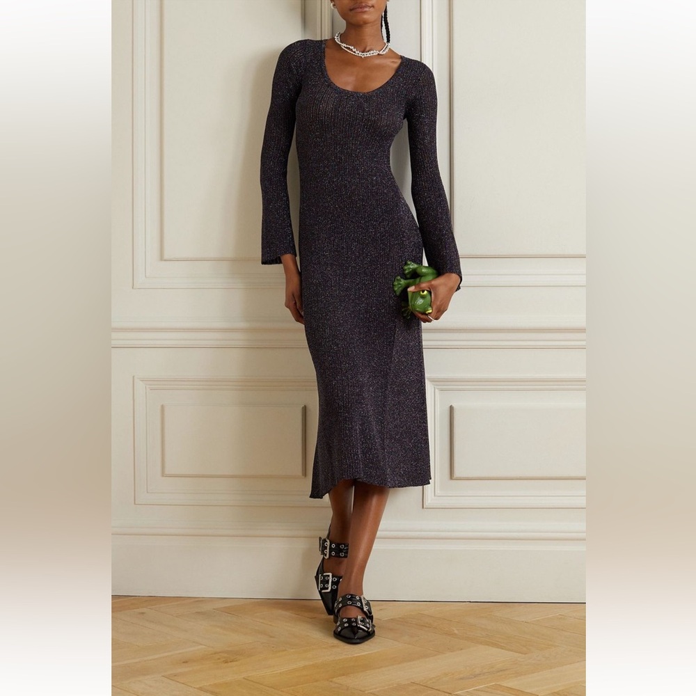 GANNI
Metallic ribbed-knit midi dress